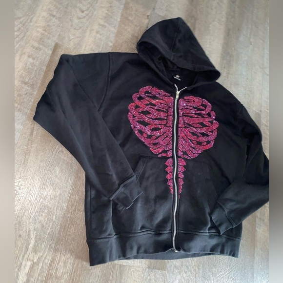 Cupids Curse Y2K style rhinestone rib cage full zip hooded jacket - Picture 3 of 11